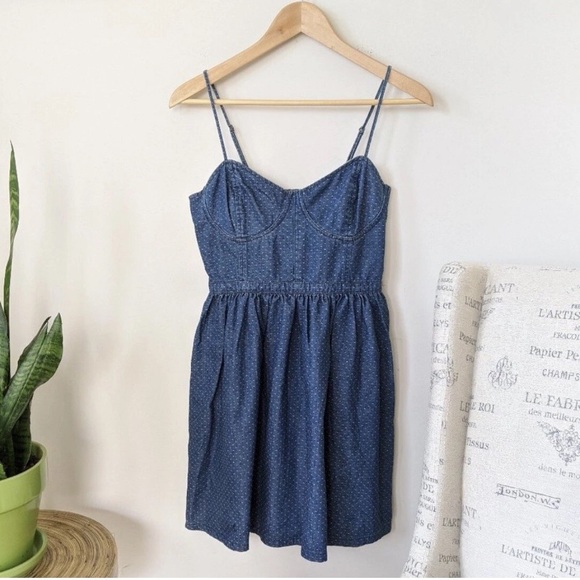 Free People Polka Dot Chambray Denim Corset Mini Dress 100% Cotton - Picture 12 of 15
